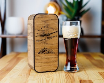 Personalized Aviator Beer Glass Gift Set - Engraved Wood Box