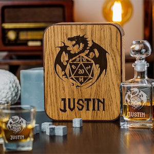 Personalized Whiskey Decanter Set: Game Master RPG Gift in Oak Wood Box