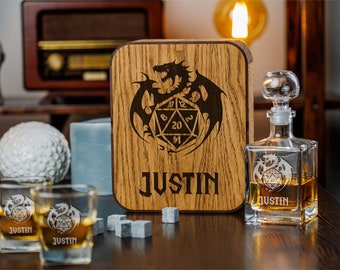 Personalized Whiskey Decanter Set: Game Master RPG Gift in Oak Wood Box