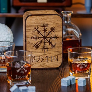 Personalized Viking Compass Whiskey Glass Set: Engraved Oak Box, Stones & Coaster