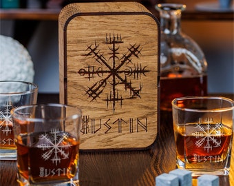 Personalized Viking Compass Whiskey Glass Set: Engraved Oak Box, Stones & Coaster