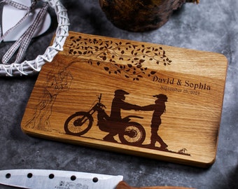 Engraved Motorcycle Wedding Cutting Board: Personalized Biker Couple Gift
