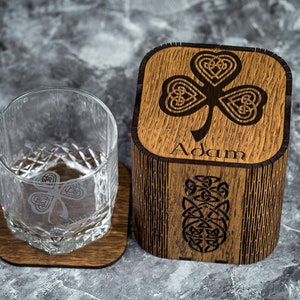 Personalized Whiskey Glass Set: Celtic Wooden Box, Whiskey Stones