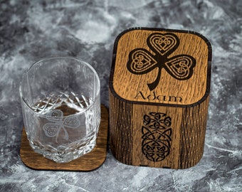 Personalized Whiskey Glass Set: Celtic Wooden Box, Whiskey Stones