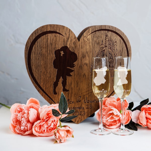 Little Mermaid and Prince champagne flutes in wooden engraved presentation box Champagne Glass Wedding Toast Glasses for Bride and Groom