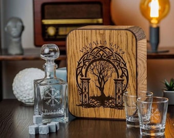 Personalized Whiskey Decanter Set: Valhalla Gate Viking Gift, Oak Box