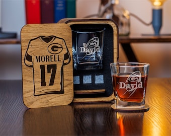 Personalized Whiskey Gift Set: Green Bay Football Fan Bourbon Glass & Wooden Box