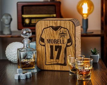 Personalized Football Decanter Set: Engraved Whiskey Glasses, Oak Wood Box