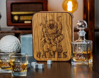 Engraved Octopus Whiskey Decanter Set, Personalized Gift, Oak Wood Box