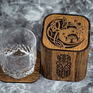 Personalized Viking Whiskey Glass Set: Fenrir Ship, Runes, Celtic Box