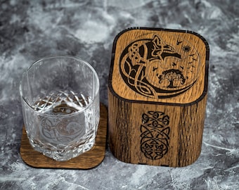 Personalized Viking Whiskey Glass Set: Fenrir Ship, Runes, Celtic Box