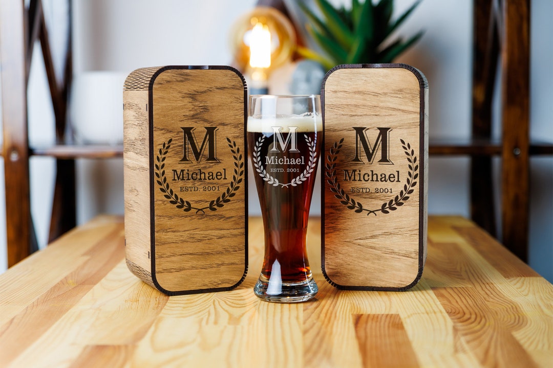 Personalized Beer Glass Gift Set – Engraved Wood Box - Etsy