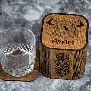 Personalized Whiskey Glass Set: Engraved Wood Box, Viking Gift