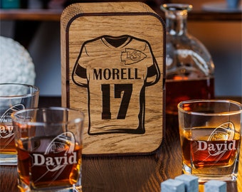 Personalized Football Whiskey Glass Set: Engraved Bourbon Decanter, Oak Wood Box