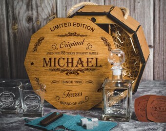 Engraved Whiskey Decanter Set: Personalized Bourbon Gift in Oak Barrel Box