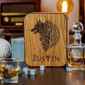 Fenrir Wolf Whiskey Decanter Set: Engraved Glasses & Personalized Oak Box