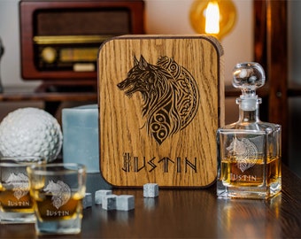 Fenrir Wolf Whiskey Decanter Set: Engraved Glasses & Personalized Oak Box