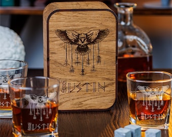 Personalized Viking Raven Whiskey Glass Set: Engraved Oak Box Gift
