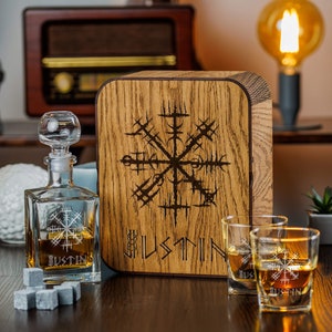 Personalized Whiskey Decanter Set: Engraved Viking Gift, Oak Wood Box