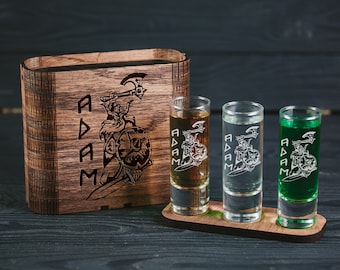 Engraved Shot Glasses with Wood Box: Personalized Viking Groomsmen Gift