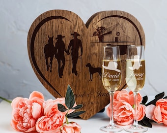 Personalized Western Wedding Champagne Flute Set with Engraved Oak Box