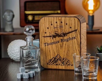 Personalized Aviator Whiskey Decanter Set: Airplane Glass & Oak Box