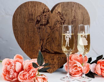 Personalized Cinderella Champagne Flutes with Engraved Oak Presentation Box