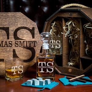 Personalized Whiskey Decanter Set: Oak Barrel Box, Bourbon Gift