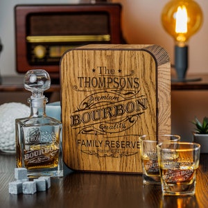 Personalized Whiskey Decanter Set: Engraved Bourbon Glasses & Oak Gift Box