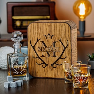 Personalized Whiskey Decanter Set: Engraved Bourbon Glasses, Oak Gift Box