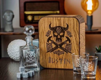 Custom Engraved Whiskey Decanter & Glasses Set: Norse Runes, Groomsmen Gift