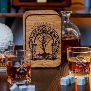 Personalized Whiskey Glass Set: Valhalla Gate, Viking Compass, Engraved Wood Box