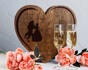 Personalized Champagne Flutes in Engraved Wood Presentation Box or Princess Wedding Champagne Glasses
