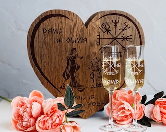 Heart Shaped Viking Wedding Champagne Flutes, Personalized Vegvisir Glass, Engraved Wood Box Set
