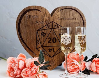 Personalized Gamer Wedding Champagne Glass Set, Engraved Oak Box