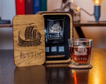 Personalized Viking Whiskey Set, Engraved Ship Glass Gift for Him