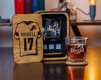 Personalized Detroit Lions Whiskey Decanter Set: Oak Box, Groomsmen Gift