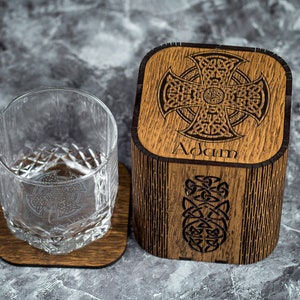 Personalized Celtic Whiskey Glass Set: Engraved Wood Box, Viking Gift