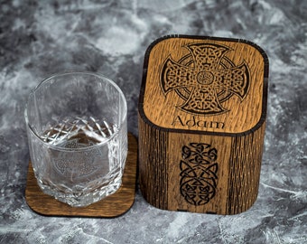 Personalized Celtic Whiskey Glass Set: Engraved Wood Box, Viking Gift