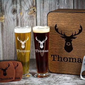 Personalized Pilsner Glass Set: Engraved Beer Mug, Wood Box, Hunter Gift