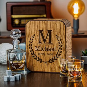 Engraved Bourbon Decanter Set: Personalized Whiskey Glasses, Oak Wood Box
