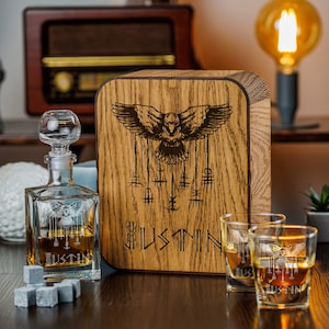 Personalized Viking Raven Whiskey Decanter Set: Bourbon Glasses, Oak Box