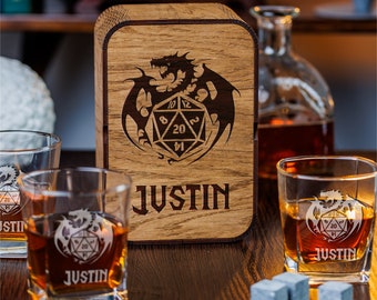Personalized Whiskey Gift Set: Engraved Oak Box, Gamer Bar Accessories