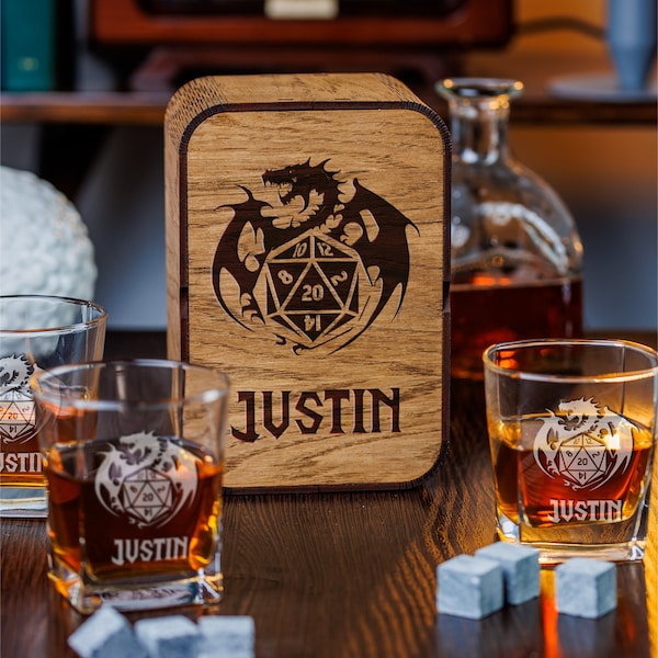 Game master personalized whiskey box set Engraved whiskey glasses Custom whiskey gift box Bar accessories gamer gifts for him