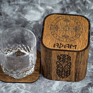 Custom whiskey glass set with whiskey Stones and wood box Engraved Glass Viking ship Gift for employees gift viking compass Whiskey gift