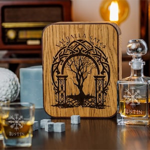 Personalized Whiskey Decanter Set: Valhalla Gate Viking Gift, Oak Box