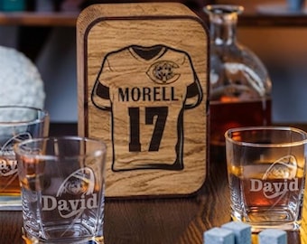 Personalized Whiskey Glass Set: Chicago Football Team, Bourbon Decanter & Wood Box