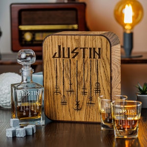 Engraved Whiskey Decanter Set: Viking Runes, Personalized Oak Box