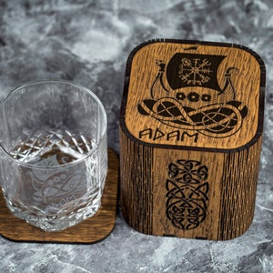Personalized Viking Ship Whiskey Gift Set: Engraved Glass & Oak Box