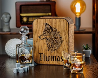 Personalized Wolf Whiskey Decanter Set - Custom Fenrir Bourbon Glasses - Engraved Oak Wood Gift Box